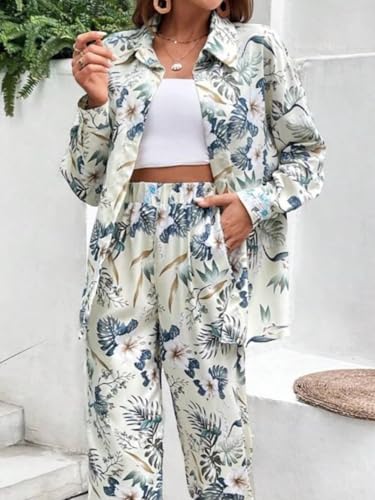 Image of Gufrina Women's Polyester Co-Ord Set with Button-Up Top & Wide Leg Pant 3 /4th Sleeves Collar Neck Printed Pattern Regular Fit and Standard Length