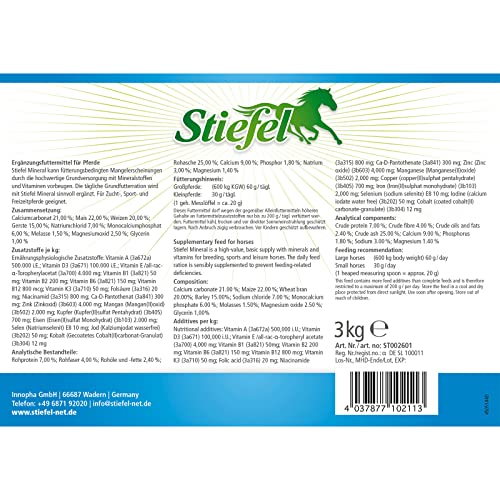 Stiefel Mineral für Pferde, hochwertiges Mineralfutter zur optimalen Versorgung mit Mineralstoffen & Vitaminen für Zucht-, Sport- & Freizeitpferde, Aufwertung der täglichen Futterration, 3kg