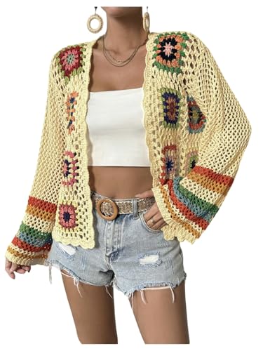 Image of SHENHE Women's Floral Crochet Cardigan Hollow Out Open Front Long Sleeve Cardigan Sweater