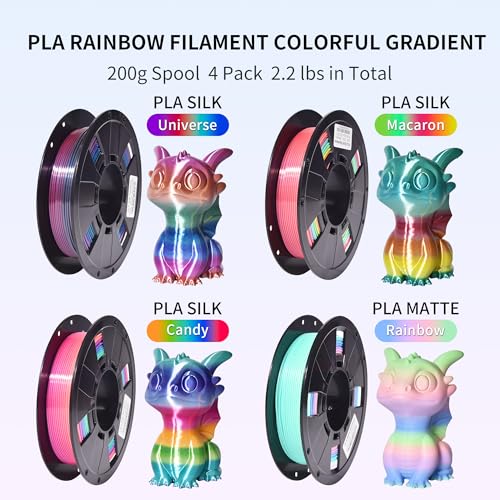 Image of RAMBERY Silk Matte Rainbow 3D Printer Filament PLA 1.75mm, 4-Pack | Fast Color Change, Toughness Upgraded, 200g x 4 Spools, 1.76 lbs Total, Multicolor
