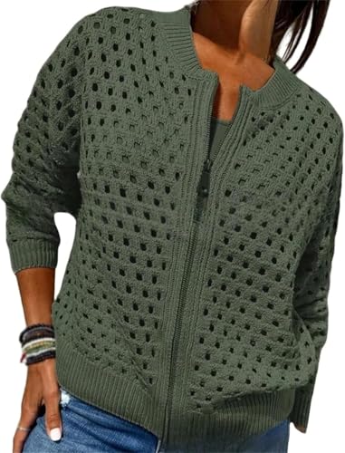 Women's Casual Hollow Knitwear Zipper Jacket, Crochet Fishnet Knit Shrugs Sweater Jacket, Lightweight Cardigans Sweater