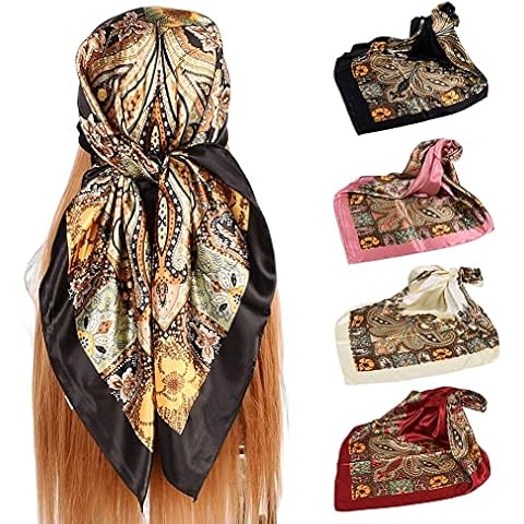 upeilxd 4Pcs Silk Head Scarves for Women Satin Hair Scarf 35”Large Square Bandana Silk Like Neck Scarf Shawl Sleeping Headscarf (Black/Red/Pink/Beige) Cover