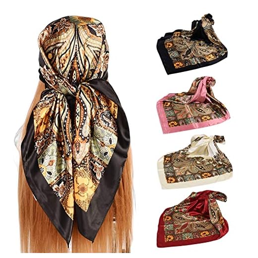 upeilxd Feminino 4 Peças Lenços de Cabeça de Seda para Lenço de Cabelo de Cetim 35 ”Grande Quadrado Bandana Seda Como Lenço de Pescoço Xale Lenço de Dormir (Preto/Vermelho/Rosa/Bege)