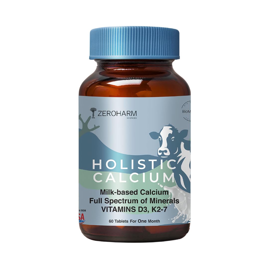 ZEROHARM Holistic Calcium Tablets – High Absorbption Milk-Based Calcium Supplement with Vitamin D3, K2-7, Magnesium, Phosphorous – Supports Bone Strength & Joint Health For Men & Women – 60 Tablets