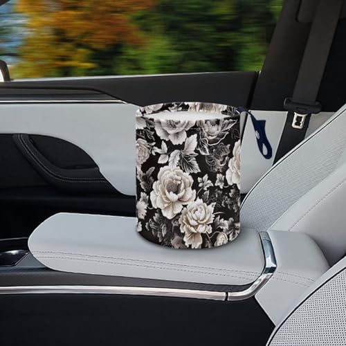 Image of Car Trash Can - Black and White Flowers Printing Garbage Bin Decoration for Car Interior, Front Seat, Back Seat, Floor, Headrest - SUV, Trucks