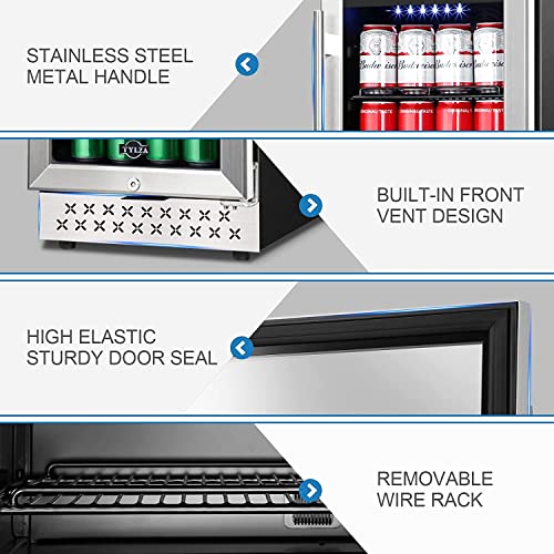 Image of Tylza 15 Inch Beverage Refrigerator, 130 Cans Quiet Beverage Fridge, 15'' Beverage Cooler Under Counter with Glass Door and Lock for Built-in or Freestanding With Temperature Memory Function TYBC100