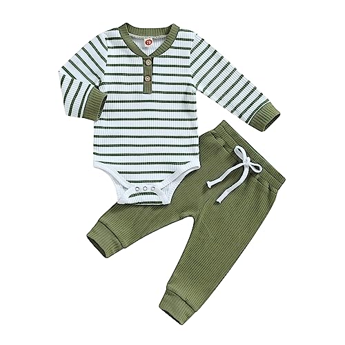 Image of Newborn Baby Boy Girl Clothes Ribbed Knitted Long Sleeve Romper Pants Solid Cotton Infant Fall Winter Outfits 2Pcs