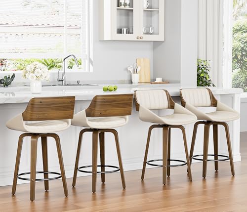 Image of YaFiti Bar Stools Set of 4, 26 inch Swivel Counter Height Barstools with Bentwood Back and Legs, Mid Century Modern Upholstered Faux Leather Counter Stools for Kitchen Island, Dining Room, Cream White