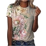 Stessotudo Womens 2024 Short Sleeve Tops Crewneck Retro Floral Print Summer T Shirts Pullover Loose Casual Dressy Blouses