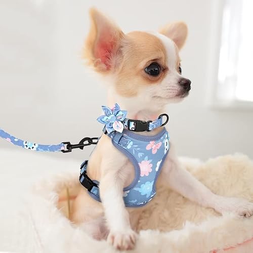 Miniatura 5 de Beirui Lindo juego de collares, arneses y correas para perro, collar ajustable y correa con flor, arnés de malla suave para perros, perros pequeños