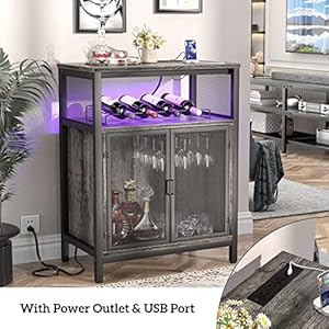 Unikito wine bar cabinet with rgb light and outlet freestanding wine rack table liquor cabinet with glass holder floor bar cabinet for liquor and glasses for home kitchen dining room black oak  urban country home decor