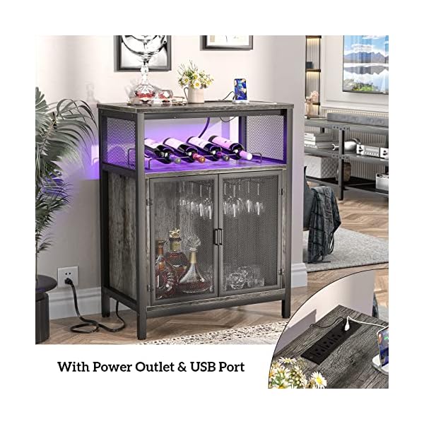 Unikito wine bar cabinet with rgb light and outlet freestanding wine rack table liquor cabinet with glass holder floor bar cabinet for liquor and glasses for home kitchen dining room black oak  urban country home decor