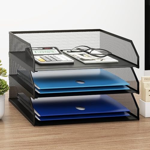 Natwind 3-Tier Stackable Paper Tray, Metal Mesh Desktop Organizer, Paper Sorter, Letter Trays,File Document Storage Rack for for Home, Office, School (Black)