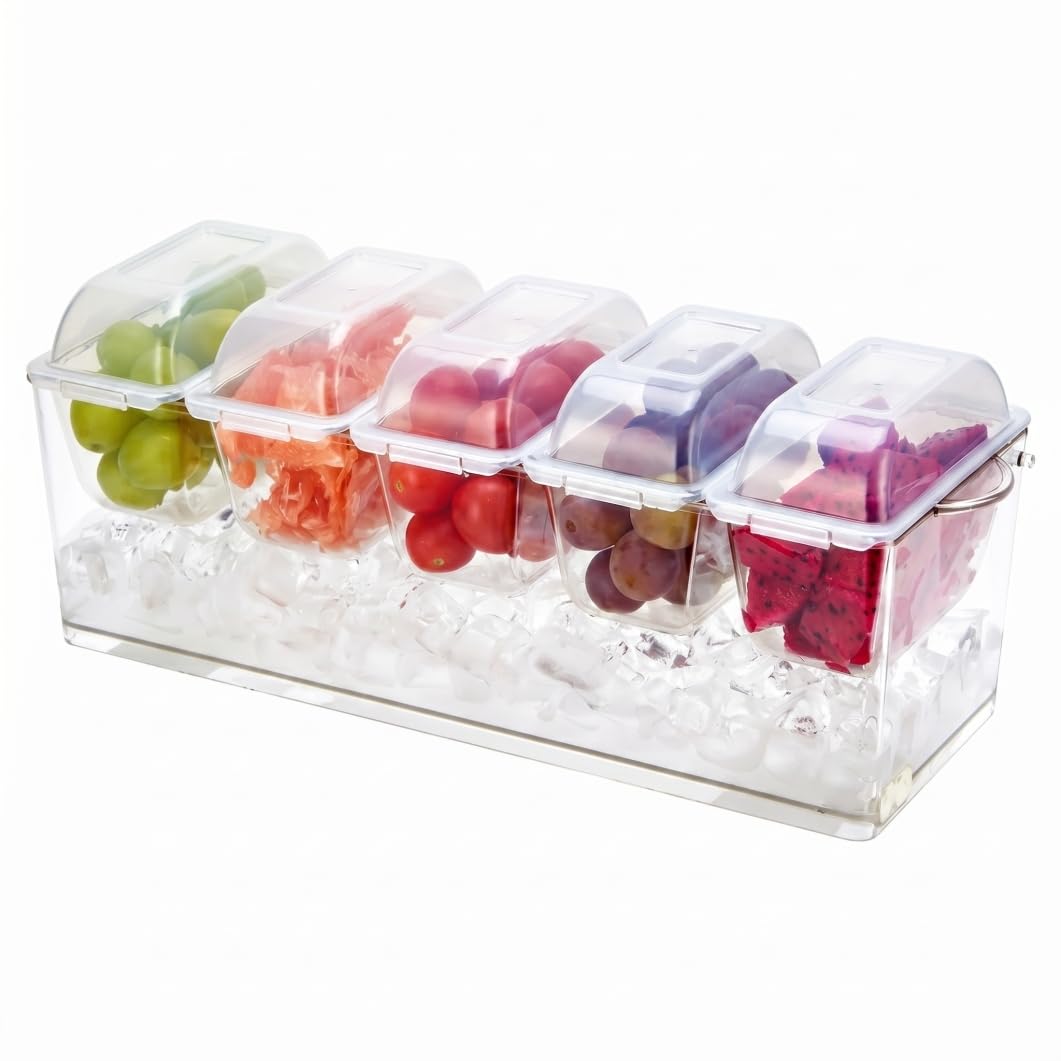Xoeryoy Chilled Condiment Server with Lid, 5 Compartments Garnish Tray, Sealed Lid Drainable Tray for Fruits, Sauces & Parties, Clear
