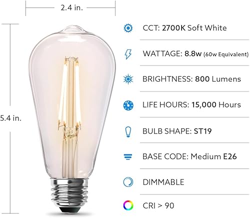 Miniatura 2 de Feit Electric ST19 Bombilla LED Edison vintage, equivalente a 60 W, regulable, blanco suave de 2700 K, 800 lúmenes, base E26, bombillas de filamento