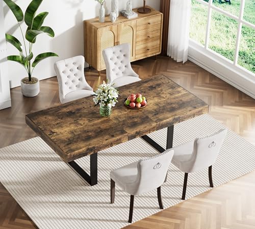 Image of Rustic Brown Dining Room Table Set for 4, 5-Piece 63 inch-78.74 inch Extendable Dining Table Set with 4 Upholstered Chairs, Rectangle Wooden Expanding Kitchen Table and Beige Chairs Set
