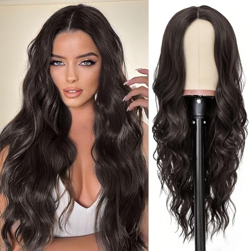 Mdlienosem Long Dark Brown Wigs for Women 26Inch Wavy Curly Chocolate Brown Wig Synthetic Heat Resistant Hair Replacement Wig for Daily Party Use