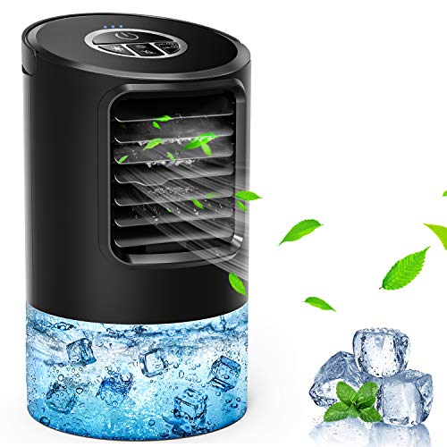 KUUOTE Portable Air Conditioner Fan, Personal Space Air Cooler Quiet Desk Fan Mini Evaporative Cooler with 7 Colors Night Light, Air Circulator Humidifier Misting Fan for Home Office Bedroom, Black