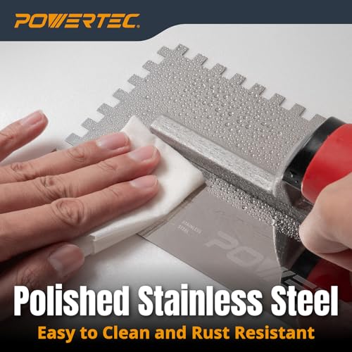 Image of POWERTEC Stainless Steel Trowel with 1 /4 inch x 1 /4 inch Square Notch, Soft Grip Handle for Cement, Concrete, Masonry Tile Installation Work (72180)