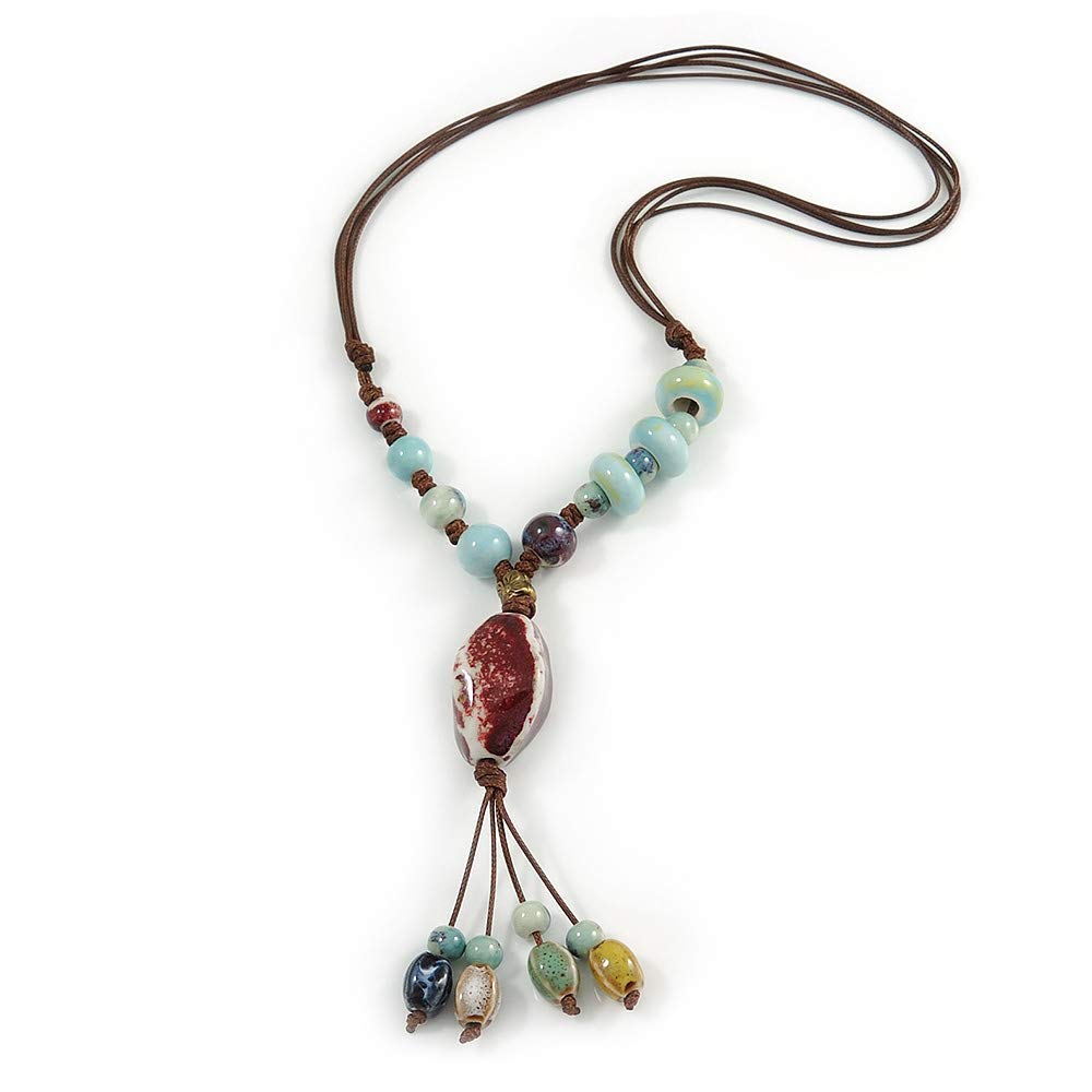 Collana Lunga Artigianale Avalaya In Corda Di Seta E Ceramica - Rosso Mattone E Marrone - Regolabile 58-70 Cm - 3