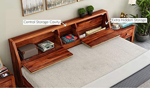 Image of Sheesham Solid Wood Honey Finish Walken King Size Bed Open Dual Storage for Bedroom Room (King, Honey)