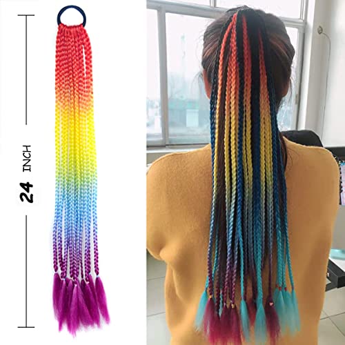 Colored Braids Halo Hair Extensions Party Rainbow Festival Braids Hairpiece False Box Braided Synthetic Ponytail Crazy Hair Accessories For Women Kids Girls Highlights Cosplay Dress #TOP1