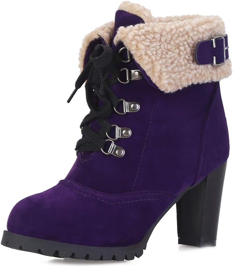 MIOKE Women's Winter Fur Ankle Boots Lace Up Round Toe Cuff Chunky Block High Heel Warm Dressy Short Booties