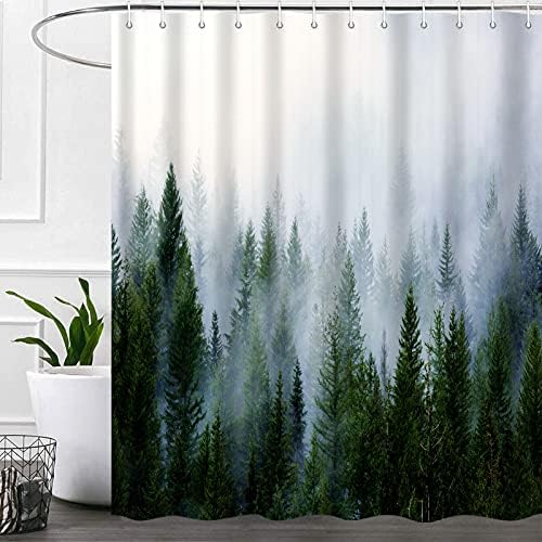 iTapnoom Nature Forest Shower Curtain Bathroom Sets with Hooks 72X72 Inch, Misty Mountain Landscape Fog Pine Trees Bath Curtains, Green Grey Waterproof Polyester Fabric Bathroom Accessories Curtain