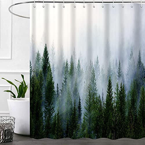 Itapnoom Nature Forest Shower Curtain Bathroom Sets With Hooks 72X72 Inch, Misty Mountain Landscape Fog Pine Trees Bath Curtains, Green Grey Waterproof Polyester Fabric Bathroom Accessories Curtain #TOP8