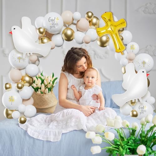 169 Pcs First Communion Decorations Balloons Kit Baptism Party Decorations White Metallic Gold Balloons Arch Kit First Holy Communion Decor for God Bless Christening Birthday Theme Party Supplies by Hungdao - Used condition - Image 5