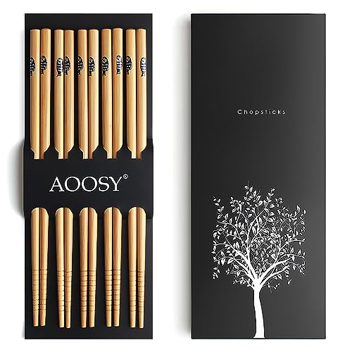 5-Pair Reusable Natural Bamboo Chopsticks, AOOSY Classic Japanese Style Chop Sticks Gift Set, Dishwasher Safe, Hand-Carved 8.8 Inch/22.5cm (Fish Pattern Chopsticks with box)