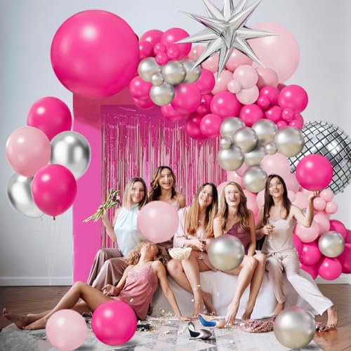 Image of Hot Pink Balloon Garland Arch Kit (Pack of 2) | Pink silver Chrome Balloons with Silver Disco Ball Explosion Star Balloon for Women Birthday Party Valentine's Day Bridal Sho
