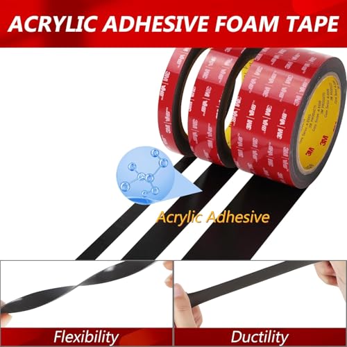 Image of 3M 5925 Double Sided Tape, 1 in x 16.4 ft Heavy Duty Foam Tape, 2 Pack | 0.025 in Black Acrylic Foam, Water-Resistant Bond, for RV, Auto, LED Strips, Metal, Glass, Tile and Wood