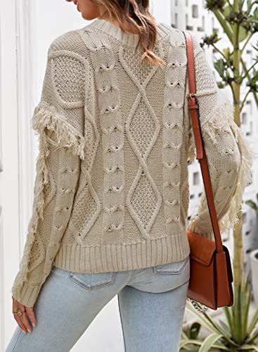 Asvivid Casual Ruffle Tassel Long Sleeve Sweater Crew Neck Tops Pullover Knit Sweater 2022 Winter Loose Jumper Sweaters Apricot L #TOP3