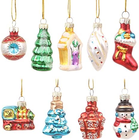 Sea Team Confezione da 9 piccoli ornamenti natalizi in vetro soffiato, pupazzo di neve, casa, treno, calze, finale, decorazioni per albero di Natale, 3,57 – 5,36 cm