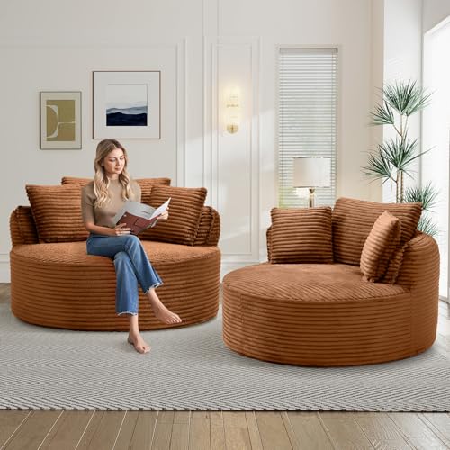 Image of Antetek 53.5-inch Round Chair, Modern Accent Corduroy Comfy Deep Seat Boneless Foam Floor Single Circle Chaise Sofa Chair with 3 Pillows for Living Room Bedroom Office, No Assembly Required, Orange