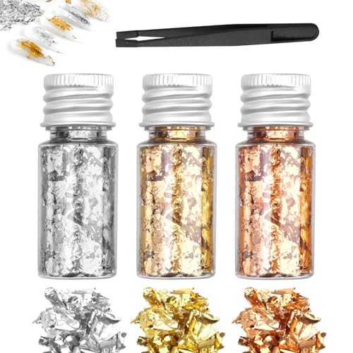 Nazaz Set de 3 Botellas de Hojuelas Metálicas para Artes y Manualidades: Pan de Oro, Pan de Plata y Pan de Oro Rosa, Ideal para Decoración de Muebles y Arte de Uñas