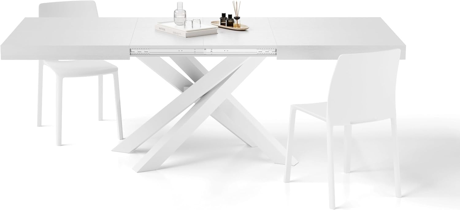 Mobili Fiver, Emma 55.11(86.6) x35.4 in Extendable Table, Ashwood White with White Crossed Legs, for 6-10 People, Expandable Dining Table for Kitchen, Living Room, Italian Furniture