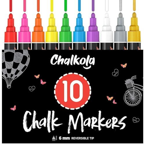 Chalkola Liquid Chalk Markers Erasable (10 Pack) w/Gold & Silver - Washable Paint Chalk Pens for Chalkboard Signs Blackboard Car Window Bistro Glass Board - Neon Wet Wipe 6mm Reversible Bold Tip