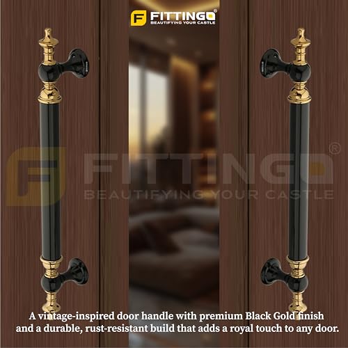 Image of Vintage Royal Main Door Handle | 24 Inch Premium Pull Push Handle for Home, Office, Hotels & Villas | Stainless Steel Black & Gold Antique Finish |Hole to Hole 600mm | 3 Years Warranty