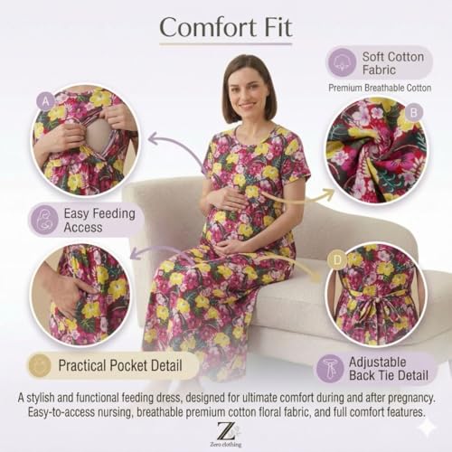 Image of Zero Clothing Feeding Dress for New Moms Casual Loungewear Ankle Length | Cotton Maternity Nighty | Zipless Feeding Dresses for Women | Pregnancy & Nursing Wear