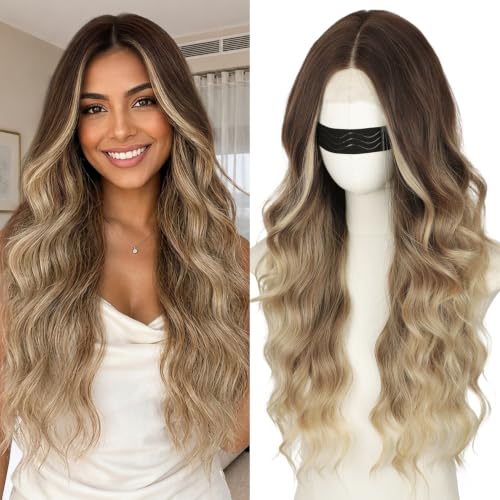 Nnzes Blonde Wigs for Women 26 Inch Synthetic 4x1 Lace Part Long Wavy