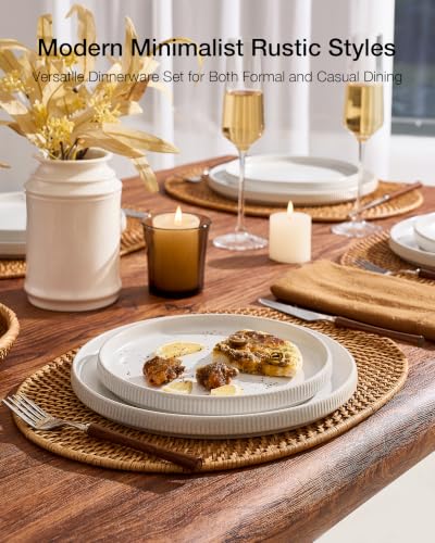 Image of Famiware Star 12-Piece Stoneware Flat Plate Set for 6-10.5 inch Dinner Plates & 8 inch Salad Plates, High Edge Dishes Dinnerware Sets, Chip & Scratch Resistant, Microwave & Dishwasher Safe, Matte White
