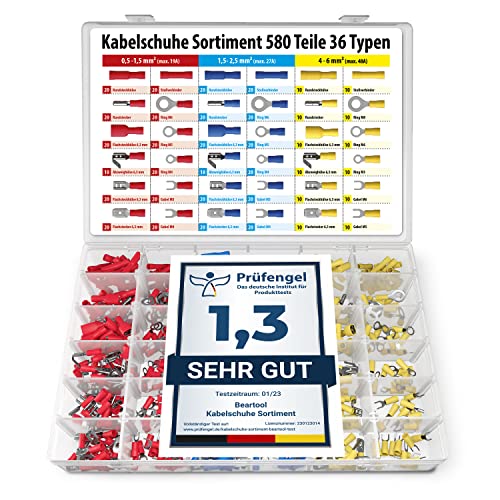 BEARTOOL® Kabelschuhe Set (580 Teile 36 Typen) Flachsteckhülsen, Flachstecker, Kabelverbinder Set, Quetschverbinderer Set, Ringkabelschuhe
