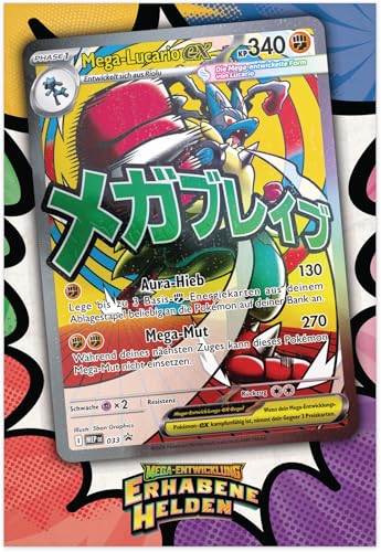 Pokémon-Sammelkartenspiel: Premium-Poster-Kollektion Mega-Entwicklung – Erhabene Helden: Mega-Lucario (1 holografische Promokarte, 1 doppelseitiges Poster und 10 Boosterpacks)