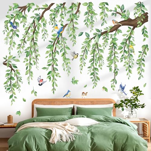 wondever Large Green Tree Branch Wall Stickers Hanging Vine Leaf Peel and Stick Wall Art Decals for Living Room Bedroom Sofa Background