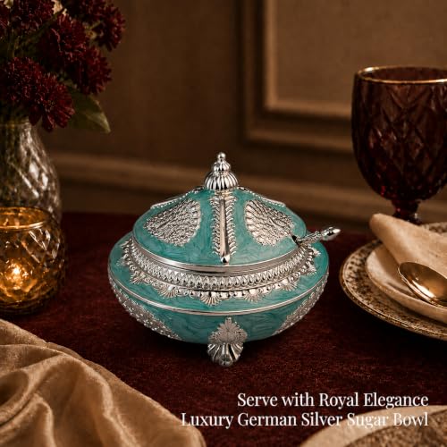 Image of Diviniti Silver Plated Peacock Sugar Pot with Lid | Decorative Storage Jar for Sugar, Mouth Fresheners & Small Essentials | Luxury Home Decor Item for Kitchen, Dining Table & Gifting (Teal Green)