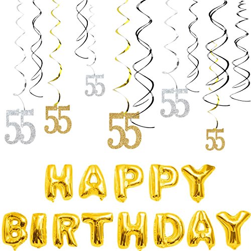 MAGJUCHE 55th Birthday Decorations Kit-Gold Silver Glitter Happy 55 years old Birthday Banner & Sparkling Celebration Hanging Swirls, Party Supplies