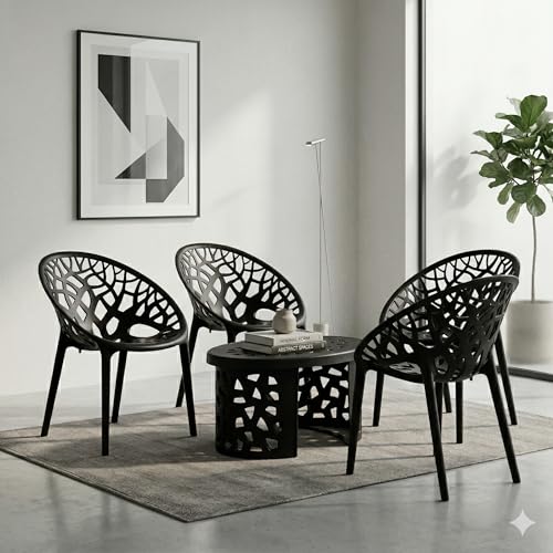 Image of Oaknest Neelakamal Crystal Plastic Chair and Table Set of 4+1 | Modern Cut-Out Design Indoor & Outdoor Furniture for Balcony, Garden, Patio, and Living Room | Iron Black