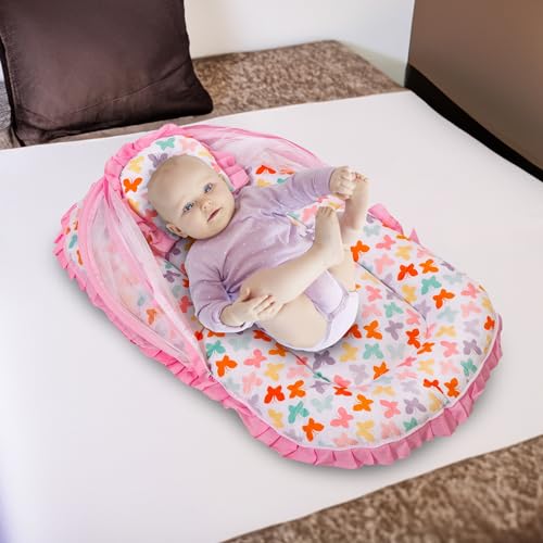 Image of Mee Mee Soft Bed Mattress Set | with Mosquito Net, Neck Pillow & Zip Closure | 100% Cotton Newborn Baby Bedding | with Attractive Butterfly Prints | for 0+ Months